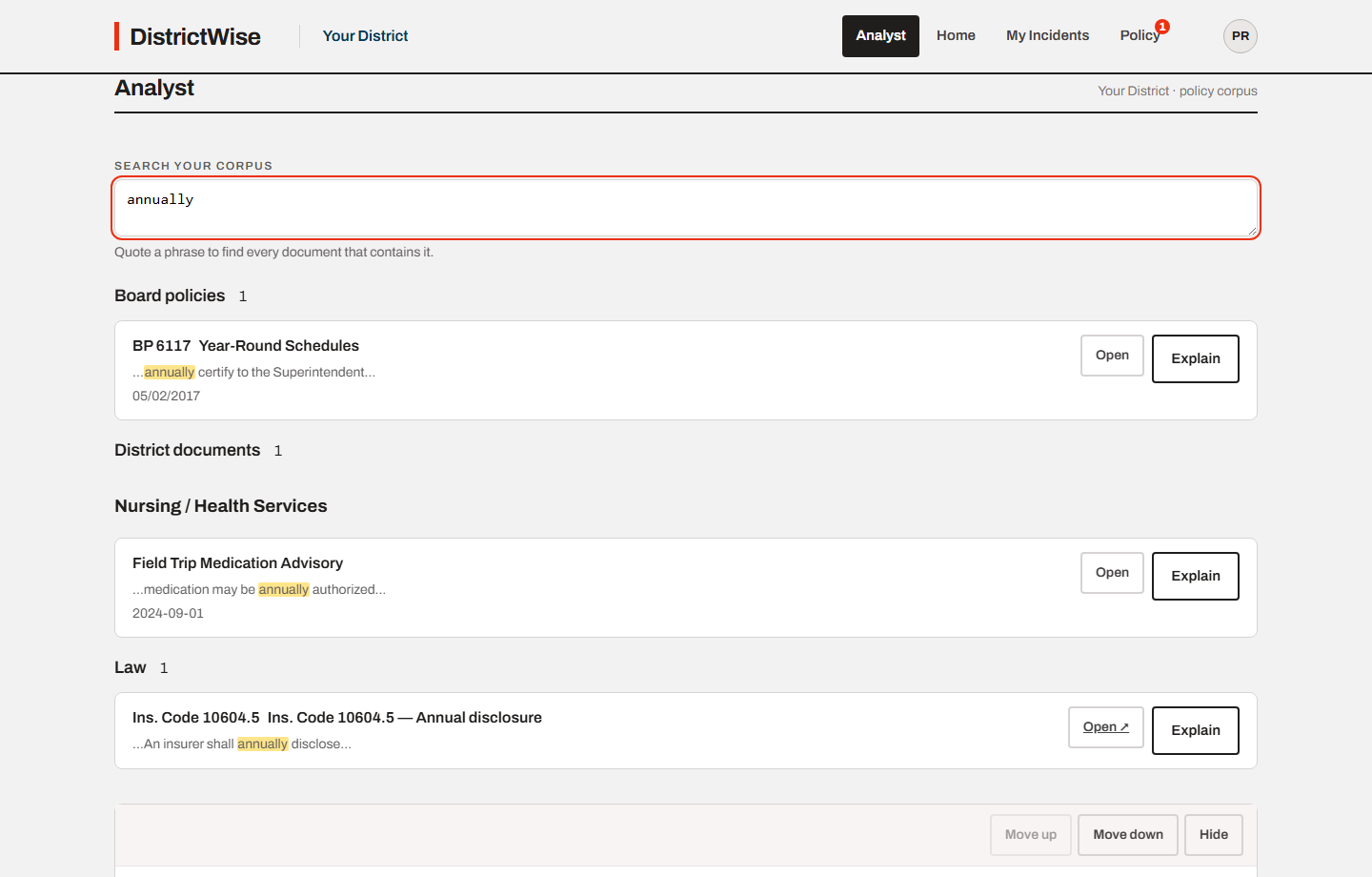 The analyst&rsquo;s screen &mdash; one search across board policies, district documents and law, each result with Open and Explain.